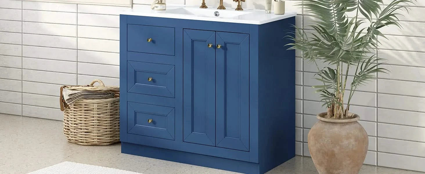 36inch Bathroom Vanity with Ceramic Sink, Bathroom Storage Cabinet with 2 Drawers& Shelf, Solid Wood and MDF Board, Freestanding Bathroom Cabinet (Blue) Default -DTYStore