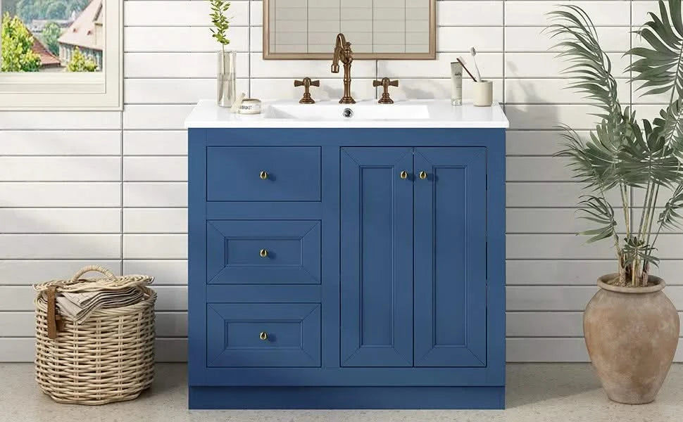 36inch Bathroom Vanity with Ceramic Sink, Bathroom Storage Cabinet with 2 Drawers& Shelf, Solid Wood and MDF Board, Freestanding Bathroom Cabinet (Blue) Default -DTYStore