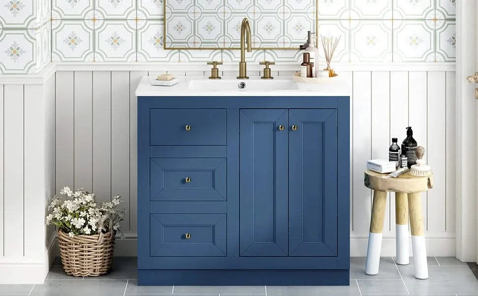 36inch Bathroom Vanity with Ceramic Sink, Bathroom Storage Cabinet with 2 Drawers& Shelf, Solid Wood and MDF Board, Freestanding Bathroom Cabinet (Blue) Default -DTYStore