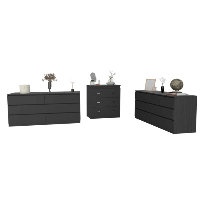 3 Piece Bedroom Set, 2 Cocora 6 Drawer Double Dressers + Capri Three Drawer Dresser, Black Default -DTYStore