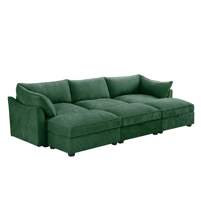 3 Seater Sofa With 3 Ottomans, Wide and Deep Seat 3-Seat Home Theater Sleeper Sofa for Living Room,Modular Sectional Sofa with Storage Pull out Drawer Under Each SeatChenille Green -DTYStore
