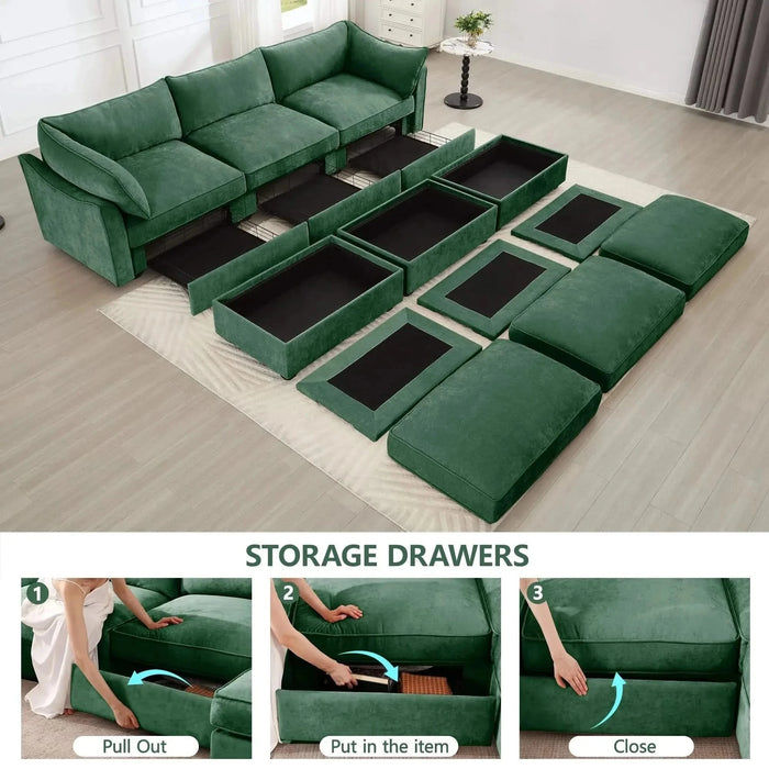 3 Seater Sofa With 3 Ottomans, Wide and Deep Seat 3-Seat Home Theater Sleeper Sofa for Living Room,Modular Sectional Sofa with Storage Pull out Drawer Under Each SeatChenille Green -DTYStore