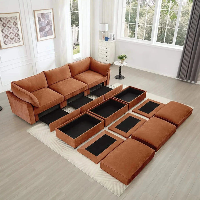 3 Seater Sofa With 3 Ottomans, Wide and Deep Seat 3-Seat Home Theater Sleeper Sofa for Living Room,Modular Sectional Sofa with Storage Pull out Drawer Under Each SeatChenille Orange -DTYStore