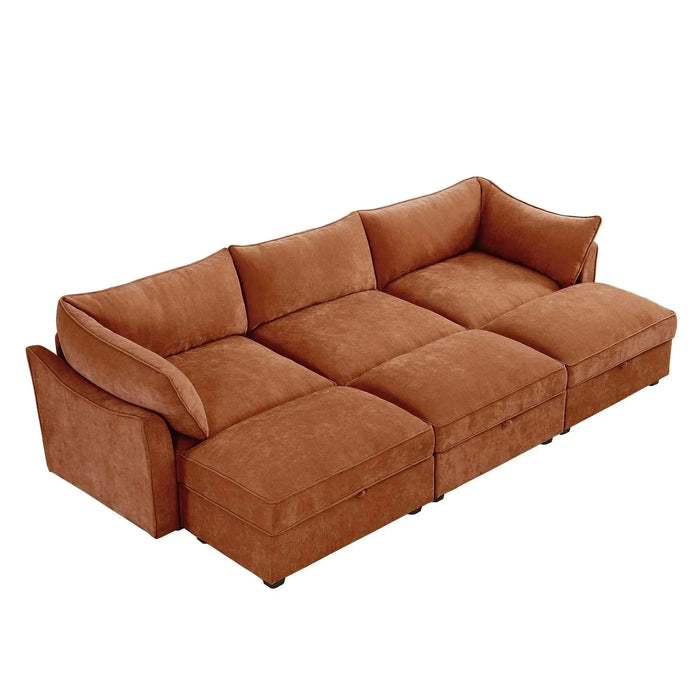 3 Seater Sofa With 3 Ottomans, Wide and Deep Seat 3-Seat Home Theater Sleeper Sofa for Living Room,Modular Sectional Sofa with Storage Pull out Drawer Under Each SeatChenille Orange -DTYStore