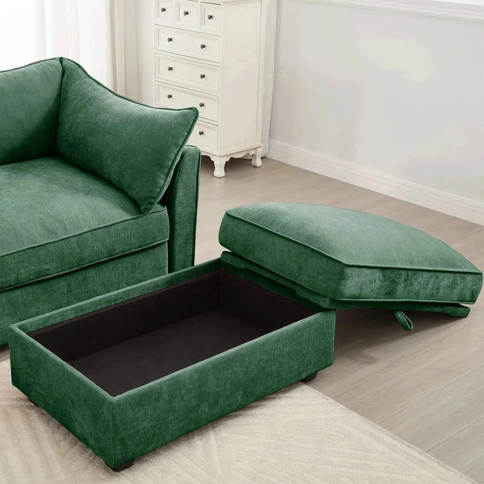 3 Seater Sofa With 3 Ottomans, Wide and Deep Seat 3-Seat Home Theater Sleeper Sofa for Living Room,Modular Sectional Sofa with Storage Pull out Drawer Under Each SeatChenille Green -DTYStore