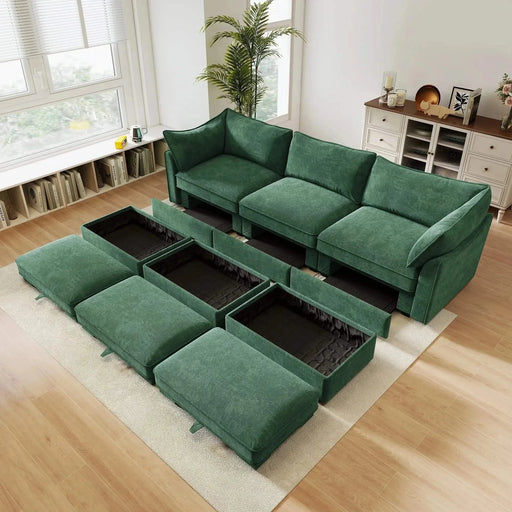 3 Seater Sofa With 3 Ottomans, Wide and Deep Seat 3-Seat Home Theater Sleeper Sofa for Living Room,Modular Sectional Sofa with Storage Pull out Drawer Under Each SeatChenille Green -DTYStore