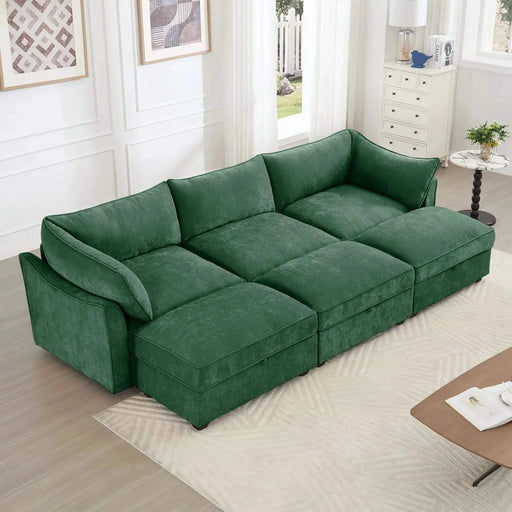 3 Seater Sofa With 3 Ottomans, Wide and Deep Seat 3-Seat Home Theater Sleeper Sofa for Living Room,Modular Sectional Sofa with Storage Pull out Drawer Under Each SeatChenille Green -DTYStore