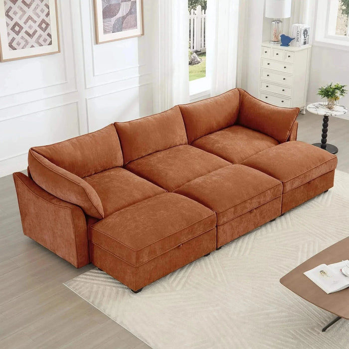 3 Seater Sofa With 3 Ottomans, Wide and Deep Seat 3-Seat Home Theater Sleeper Sofa for Living Room,Modular Sectional Sofa with Storage Pull out Drawer Under Each SeatChenille Orange -DTYStore