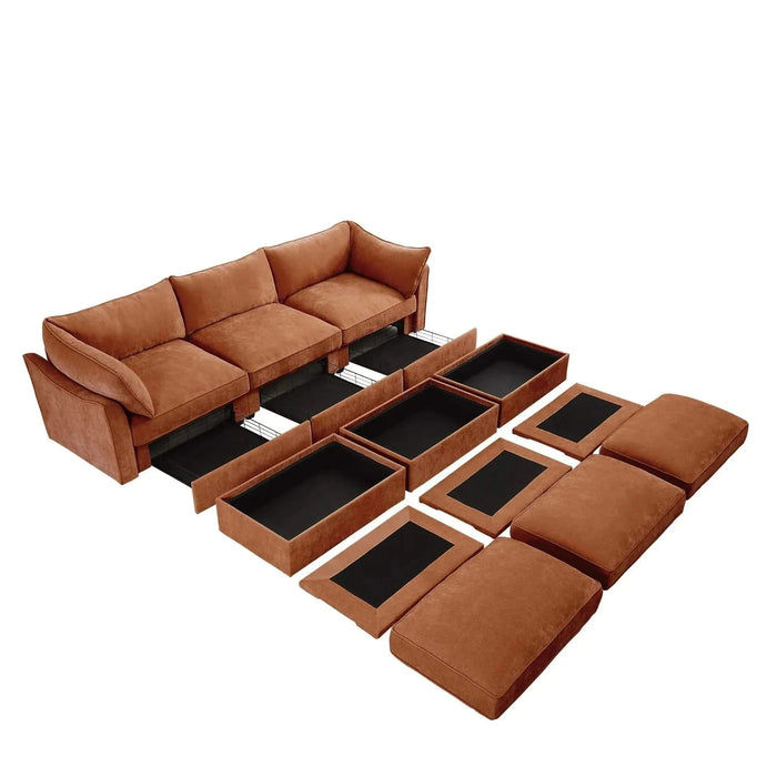 3 Seater Sofa With 3 Ottomans, Wide and Deep Seat 3-Seat Home Theater Sleeper Sofa for Living Room,Modular Sectional Sofa with Storage Pull out Drawer Under Each SeatChenille Orange -DTYStore