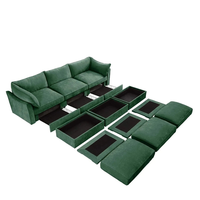 3 Seater Sofa With 3 Ottomans, Wide and Deep Seat 3-Seat Home Theater Sleeper Sofa for Living Room,Modular Sectional Sofa with Storage Pull out Drawer Under Each SeatChenille Green -DTYStore
