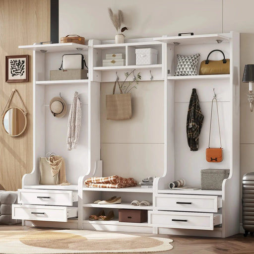 4-in-1 Detachable Hall Tree with Storage and 7 Hooks, Multiple Functions Hallway Coat Rack with Storage Drawers and Cabinet, White Shoe Bench for Entryway Hallway Default -DTYStore