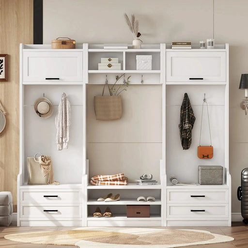 4-in-1 Detachable Hall Tree with Storage and 7 Hooks, Multiple Functions Hallway Coat Rack with Storage Drawers and Cabinet, White Shoe Bench for Entryway Hallway Default -DTYStore