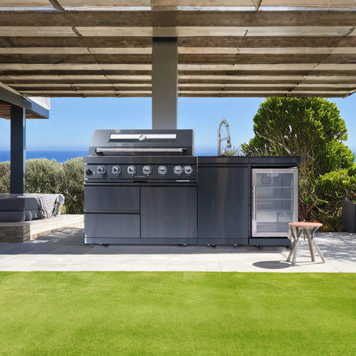 43-Inch 6-Burner 85000 BTU Deluxe Stainless Steel Gas Outdoor Kitchen Bar Barbecue Island Grill + Wine Cooler Compact Refrigerator + Rotisserie kit + Granite Countertops + Stainless steel Sink Default -DTYStore