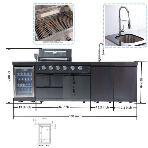 46-Inch 4-Burner 72000 BTU Deluxe Stainless Steel Gas Outdoor Kitchen Bar Barbecue Island Grill + Wine Cooler Compact Refrigerator + Rotisserie kit + Granite Countertops + Stainless steel Sink Default -DTYStore