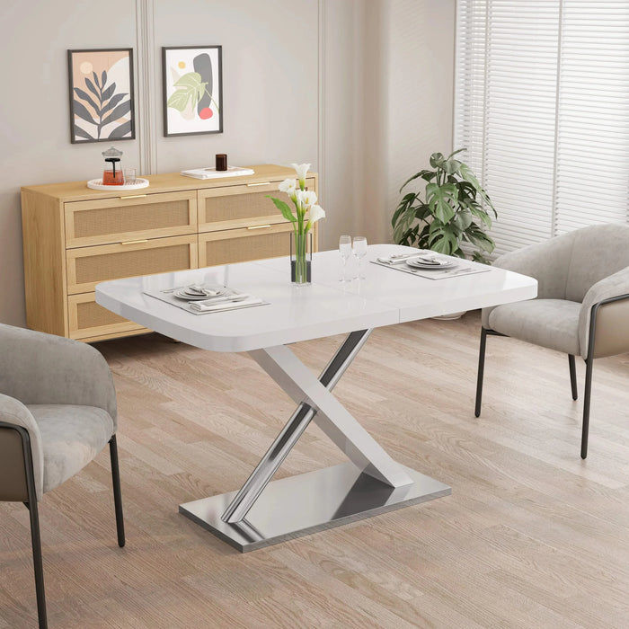 47.25''-63'' Modern White Glossy Dining Table for 4-6 People, Extendable Dining Table with Crossed Metal Base and Stainless Steel Tubes, Large Dining Table White(Same SKU:W757P160404) Default -DTYStore