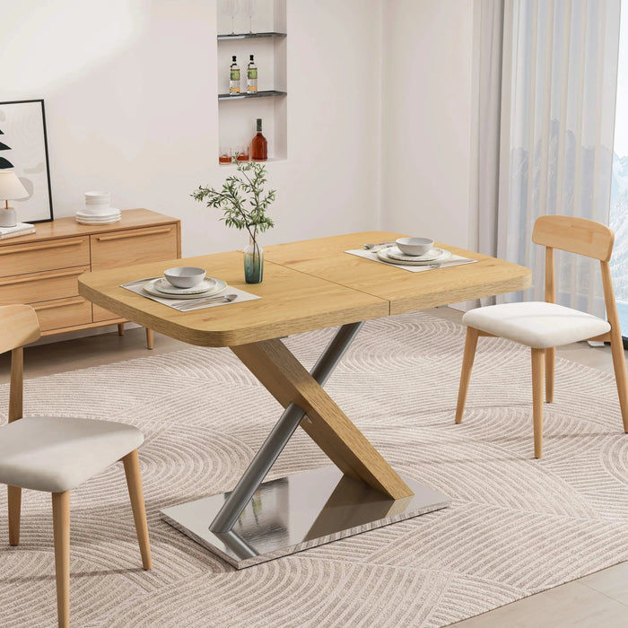 47.25 '-63' Dining Table, Original Wood Color, Seating 4-6 People, Retractable Table, Cross Metal Base and Stainless Steel Tubing(Natural) Default -DTYStore