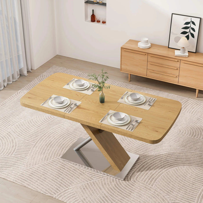 47.25 '-63' Dining Table, Original Wood Color, Seating 4-6 People, Retractable Table, Cross Metal Base and Stainless Steel Tubing(Natural) Default -DTYStore