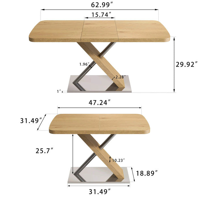 47.25 '-63' Dining Table, Original Wood Color, Seating 4-6 People, Retractable Table, Cross Metal Base and Stainless Steel Tubing(Natural) Default -DTYStore