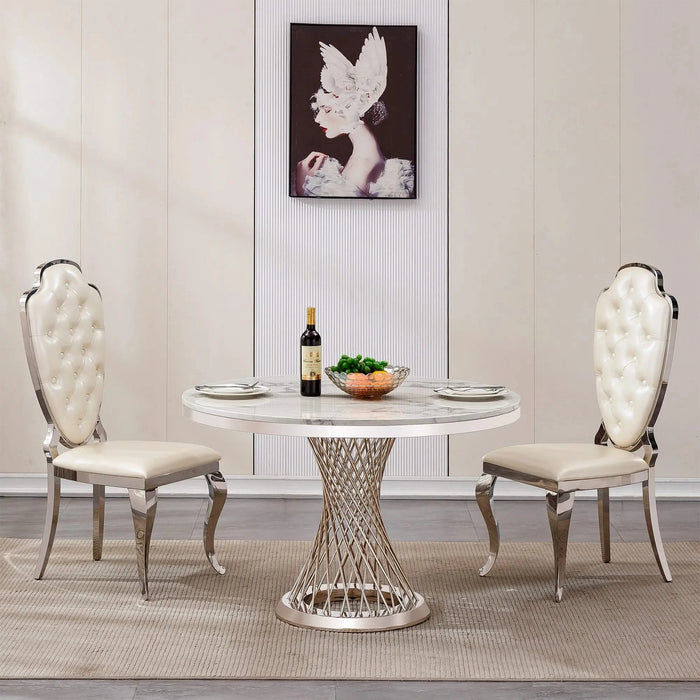 47' Round Marble Dining Table, Modern Kitchen Table with High Gloss Faux Marble Tabletop and Stainless Steel Base for Dining Room, Kitchen (Sliver,White)(Only a table) Default -DTYStore