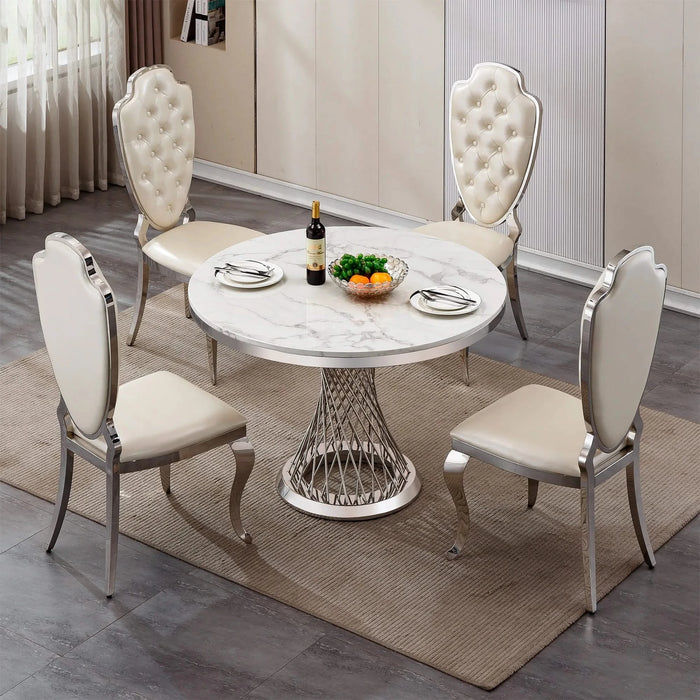 47' Round Marble Dining Table, Modern Kitchen Table with High Gloss Faux Marble Tabletop and Stainless Steel Base for Dining Room, Kitchen (Sliver,White)(Only a table) Default -DTYStore