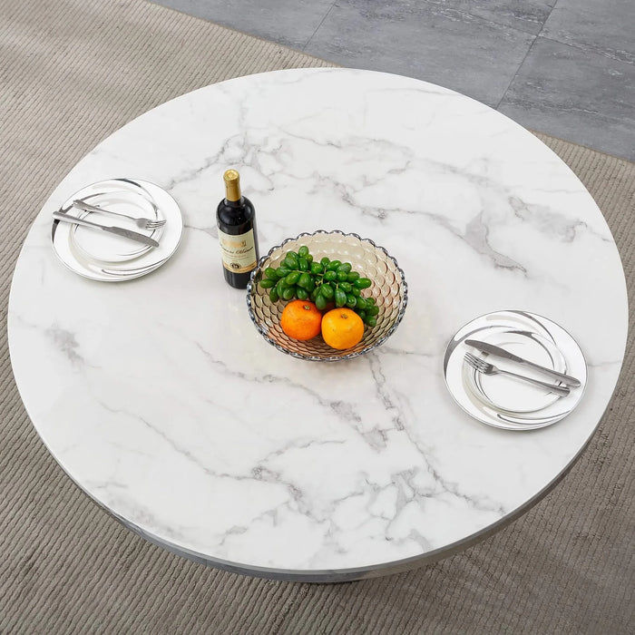 47' Round Marble Dining Table, Modern Kitchen Table with High Gloss Faux Marble Tabletop and Stainless Steel Base for Dining Room, Kitchen (Sliver,White)(Only a table) Default -DTYStore