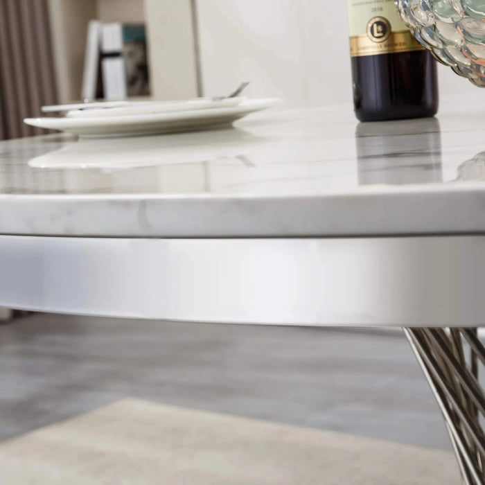 47' Round Marble Dining Table, Modern Kitchen Table with High Gloss Faux Marble Tabletop and Stainless Steel Base for Dining Room, Kitchen (Sliver,White)(Only a table) Default -DTYStore