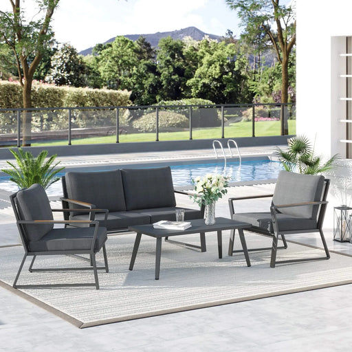 4 Piece Patio Furniture Set, Aluminum Conversation Set, Outdoor Garden Sofa Set with Armchairs, Loveseat, Center Coffee Table and Cushions, Dark Grey Default -DTYStore