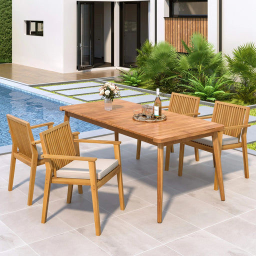 5-Piece Acacia Wood Outdoor Dining Set, Patio Table & Chairs with Removable Cushions, Slatted Tabletop for Garden Backyard Default -DTYStore