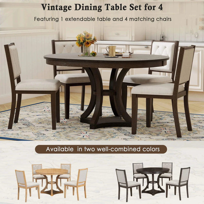 5-Piece Retro Functional Dining Table Set Extendable Round Table and 4 Upholstered Chairs for Dining Room and Living Room (Espresso) Default -DTYStore