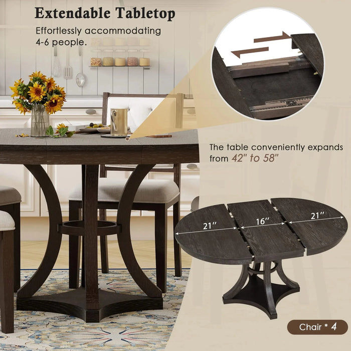 5-Piece Retro Functional Dining Table Set Extendable Round Table and 4 Upholstered Chairs for Dining Room and Living Room (Espresso) Default -DTYStore