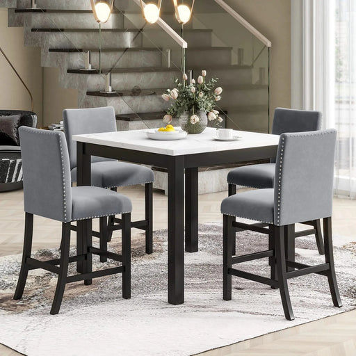 5-piece Counter Height Dining Table Set with One Faux Marble Top Dining Table and Four Velvet-Upholstered Chairs,Grey Default -DTYStore