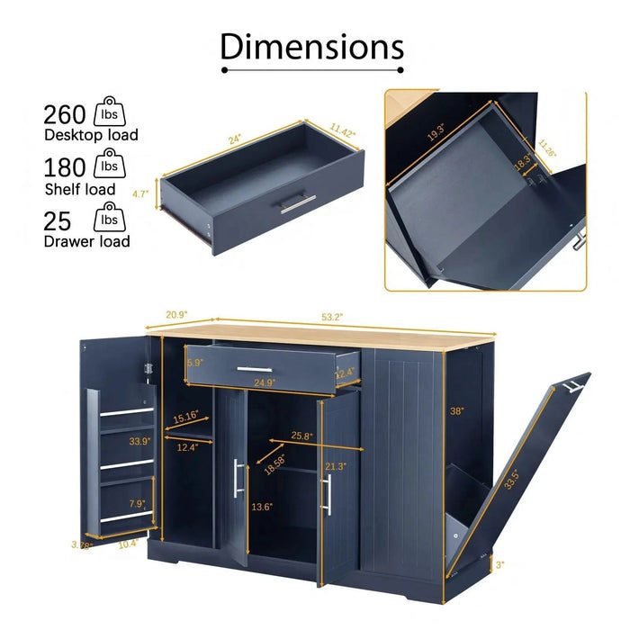 53'' Kitchen Storage Islands with Drawers and Trash Can Storage for Kitchen & Dining. Modern Farmhouse Design, Navy Blue, 53.2'W x 20.9'D x 38.0'H. Default -DTYStore