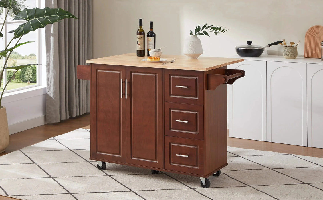 54 inch Portable Wooden Kitchen Island Cart Large Capacity with 3 drawers Drop-Leaf Table Spice Rack & Towel Rack for Small Spaces. Default -DTYStore