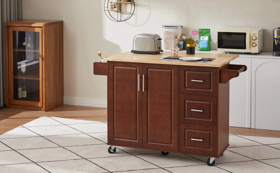 54 inch Portable Wooden Kitchen Island Cart Large Capacity with 3 drawers Drop-Leaf Table Spice Rack & Towel Rack for Small Spaces. Default -DTYStore