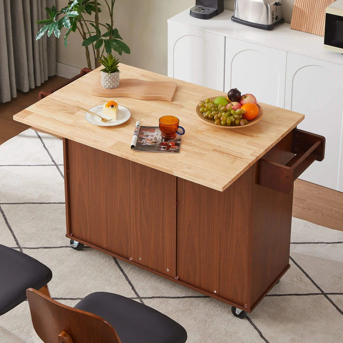 54 inch Portable Wooden Kitchen Island Cart Large Capacity with 3 drawers Drop-Leaf Table Spice Rack & Towel Rack for Small Spaces. Default -DTYStore