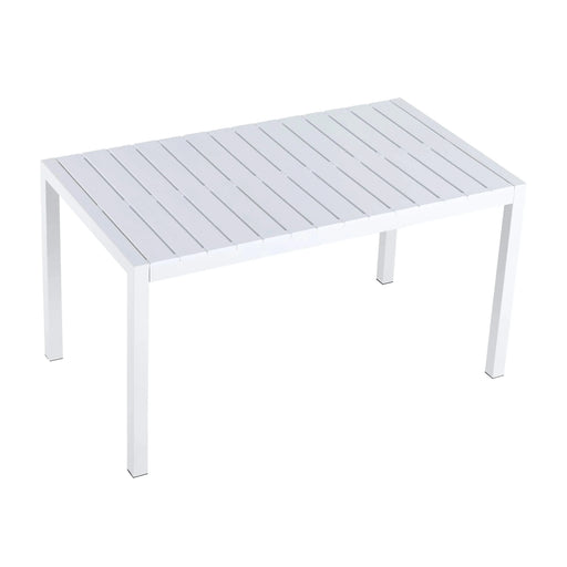 55-inch modern long table, UV-resistant and rust-proof, snow white, 55.12*31.5*29.53 (in), PP tabletop, UV-resistant powder-coated metal legs. Default -DTYStore