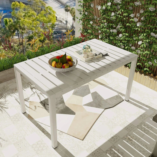 55-inch modern long table, UV-resistant and rust-proof, snow white, 55.12*31.5*29.53 (in), PP tabletop, UV-resistant powder-coated metal legs. Default -DTYStore