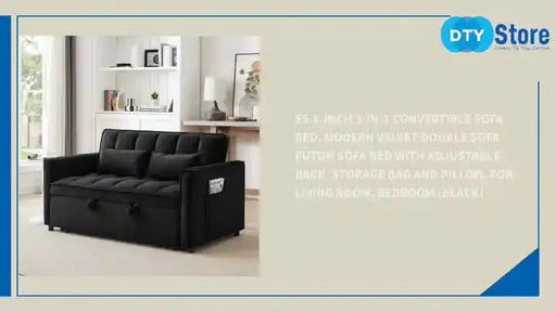 55.1-inch 3-in-1 convertible sofa bed, modern velvet double sofa Futon sofa bed with adjustable back, storage bag and pillow, for living room, bedroom (black) Default -DTYStore