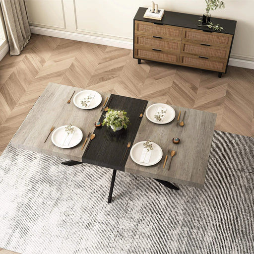 55.11'' -70.86'Retro Rectangular Stretch Dining Table, Grey Carole Top With Black Embossed Center Plate, Black Fine Sand Cross Iron Foot Base Dining Table, With Storage Box. Default -DTYStore