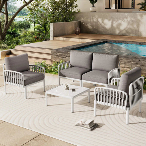 5 Piece Patio Conversation Sets, Modern Outdoor Patio Sectional Furniture Set with Square Coffee Table, Waterproof Thick Cushion Deep Seating for Porch, Balcony, White & Light Gray Default -DTYStore