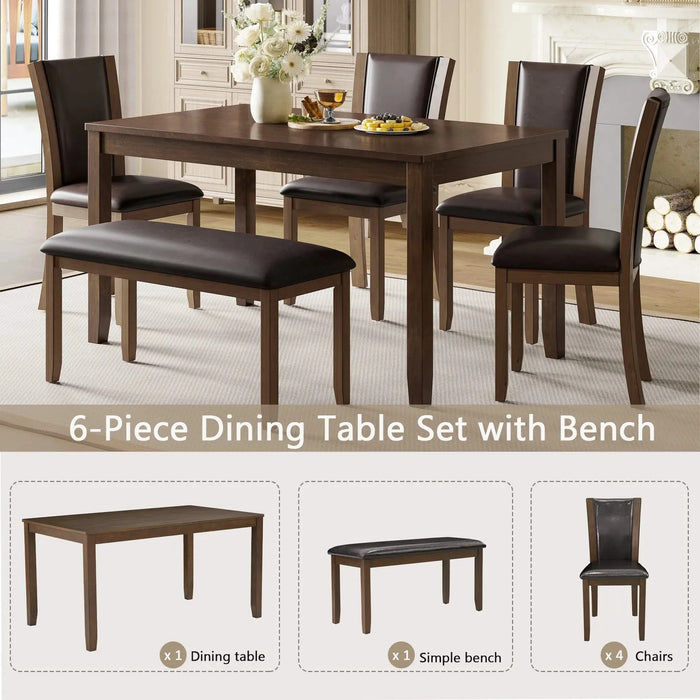 6-Piece Dining Table Set with Bench and Chairs, Wooden dining table set for 6 people, Farmhouse Rustic Style 6 Person Dining Table Set for Dining Room, Kitchen, Dark Walnut Default -DTYStore