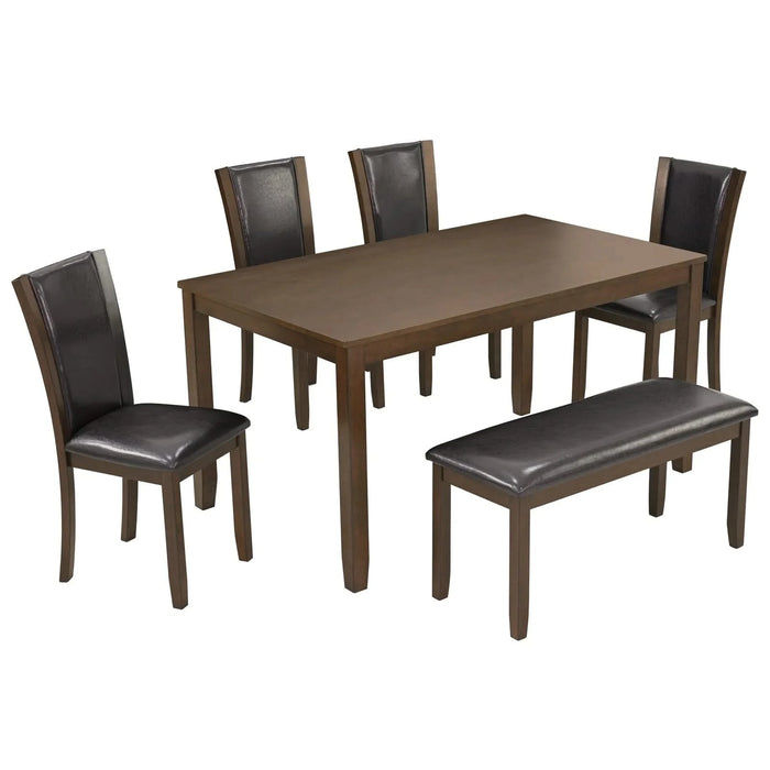 6-Piece Dining Table Set with Bench and Chairs, Wooden dining table set for 6 people, Farmhouse Rustic Style 6 Person Dining Table Set for Dining Room, Kitchen, Dark Walnut Default -DTYStore