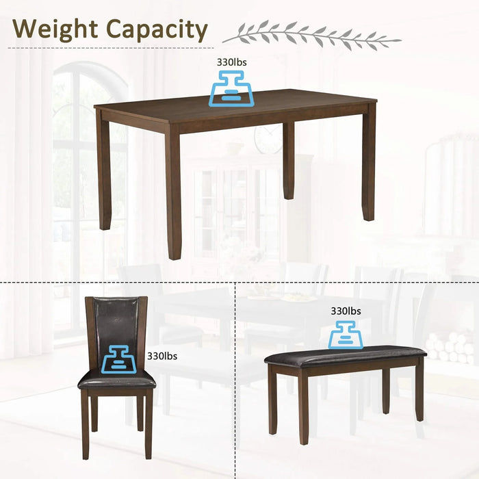 6-Piece Dining Table Set with Bench and Chairs, Wooden dining table set for 6 people, Farmhouse Rustic Style 6 Person Dining Table Set for Dining Room, Kitchen, Dark Walnut Default -DTYStore