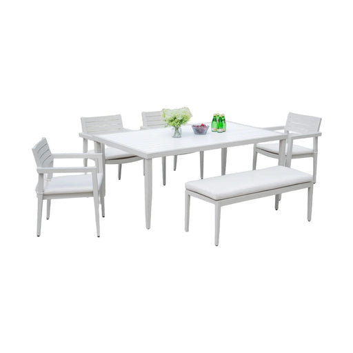 6PC Patio Aluminum Furniture, Modern Dining Set, including 4 Dining Chairs & 1 Dining Bench Sunbrella Fabric Cushioned and Two-tone Table Top Rectangle Table with Umbrella Hole, Matte White & Grayish Default -DTYStore