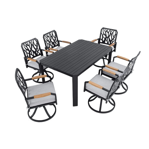 7-PC Outdoor Patio Aluminum Furniture Set, Modern Dining Set with 6 Swivel Rockers Sunbrella Fabric Cushioned, Nature-Inspired Branch-Like Backrest, Rectangular Table with Umbrella Hole, Bourbon Brown Default -DTYStore