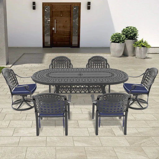 7-Piece All-Weather Cast Aluminum Dining Set, Include 2 Swivel Chairs,4 Dining Chairs and Oval Table With Black Frame Default -DTYStore