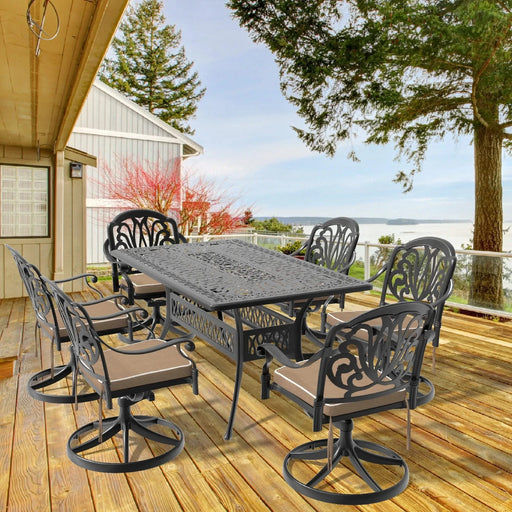 7-Piece All-Weather Cast Aluminum Dining Set, Include 6 Swivel Chairs and Rectangular Table With Black Frame Default -DTYStore