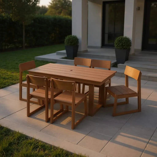 7-Piece HDPE Outdoor Dining Set for 6 – Weather-Resistant Patio Table with Umbrella Hole and 6 Armless Chairs, Durable Garden Furniture for Backyard, Lawn, Deck, or Poolside (Brown) Default -DTYStore