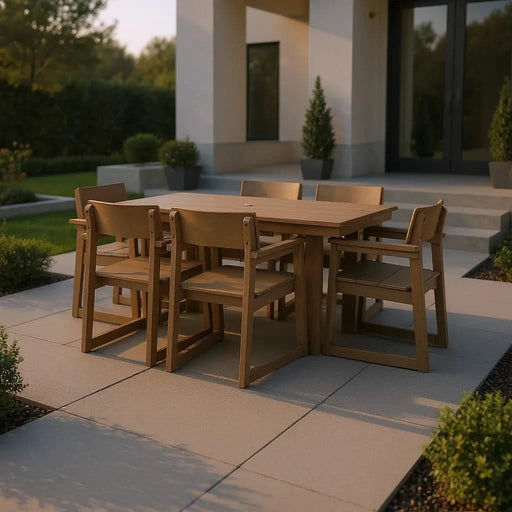 7-Piece HDPE Outdoor Dining Set for 6 – Weather-Resistant Patio Table with Umbrella Hole and 6 Armrest Chairs, Durable Garden Furniture for Backyard, Lawn, Deck, or Poolside (Brown) Default -DTYStore