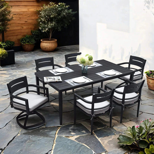 7-Piece Outdoor Patio Aluminum Furniture, Modern Dining Set, including 4 Dining Chairs & 2 Swivel Rockers Sunbrella Fabric Cushioned and Rectangle Dining Table with Umbrella Hole, Ember Black Default -DTYStore